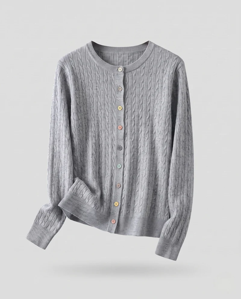 Damen Feinstrick-Cardigan mit Zopfmuster und bunten Knöpfen Nord Taschen