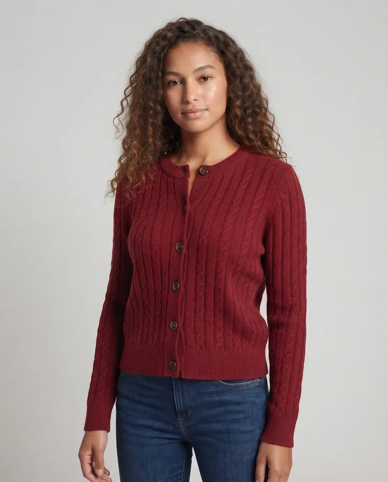Damen Kurzgeschnittener Zopfmuster-Cardigan mit Kordelzug und Hornknopfleiste Nord Taschen