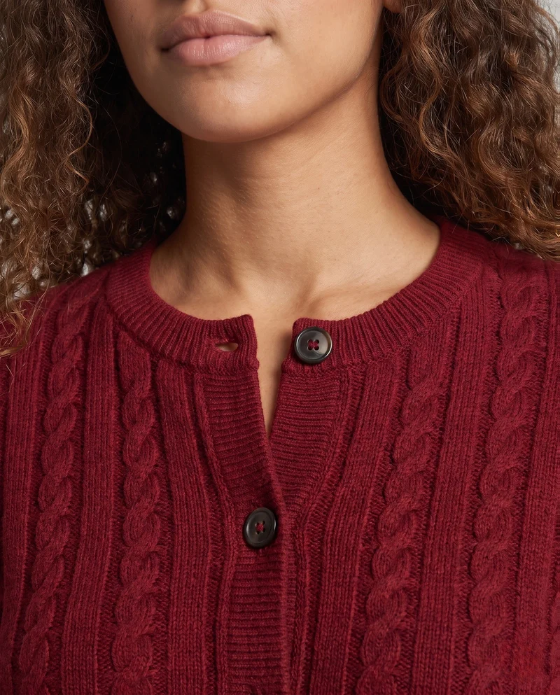 Damen Kurzgeschnittener Zopfmuster-Cardigan mit Kordelzug und Hornknopfleiste Nord Taschen