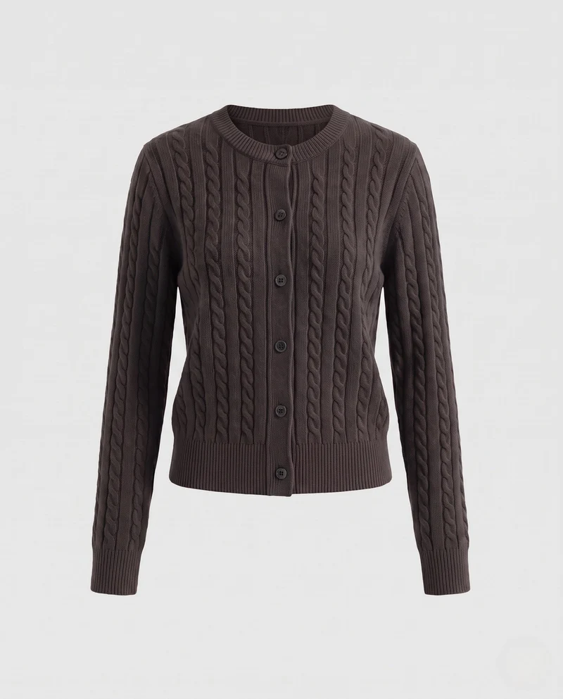 Damen Kurzgeschnittener Zopfmuster-Cardigan mit Kordelzug und Hornknopfleiste Nord Taschen