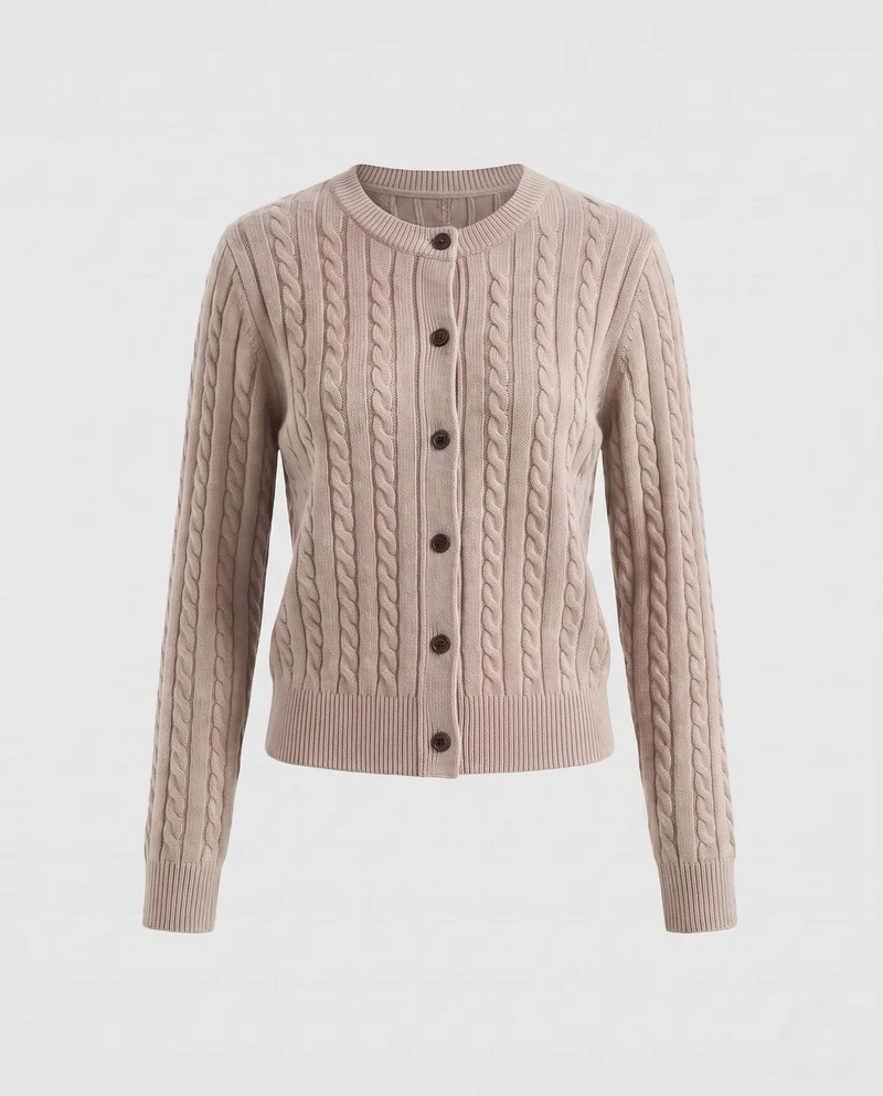 Damen Kurzgeschnittener Zopfmuster-Cardigan mit Kordelzug und Hornknopfleiste Nord Taschen