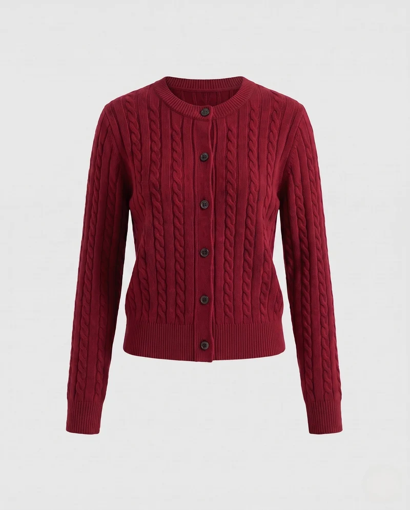 Damen Kurzgeschnittener Zopfmuster-Cardigan mit Kordelzug und Hornknopfleiste Nord Taschen