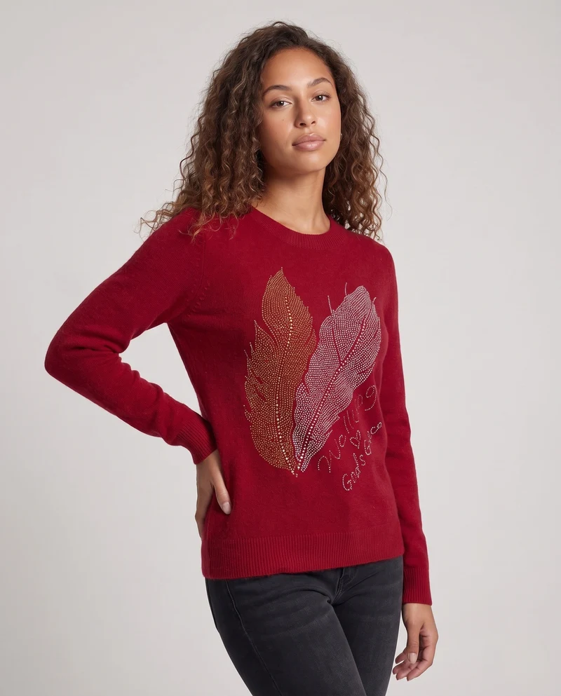 Damen Kaschmir‑Optik Feinstrickpullover mit Strass‑Federmotiv und Rundhalsausschnitt Nord Taschen
