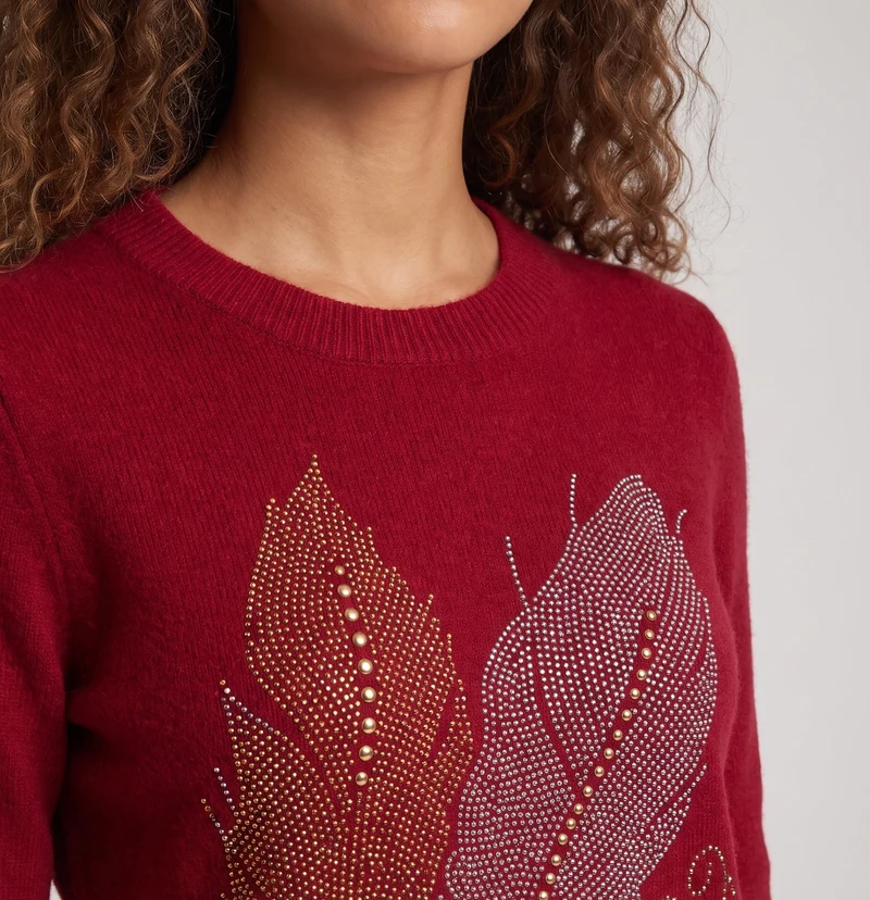 Damen Kaschmir‑Optik Feinstrickpullover mit Strass‑Federmotiv und Rundhalsausschnitt Nord Taschen