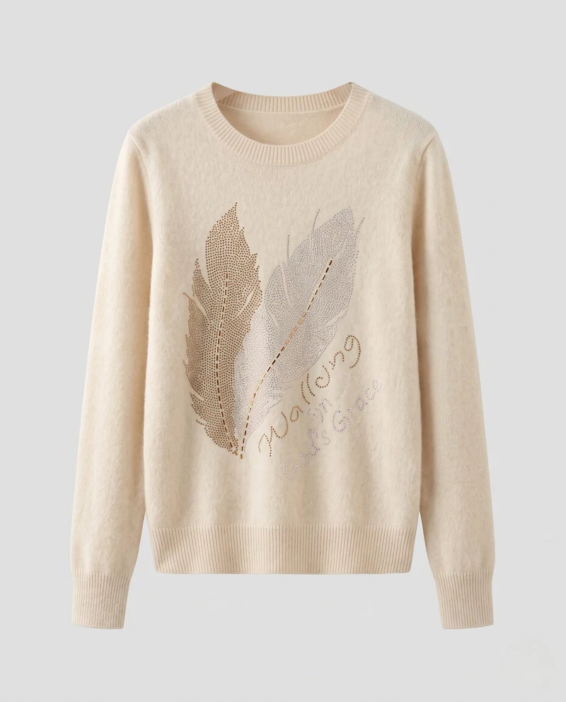 Damen Kaschmir‑Optik Feinstrickpullover mit Strass‑Federmotiv und Rundhalsausschnitt Nord Taschen