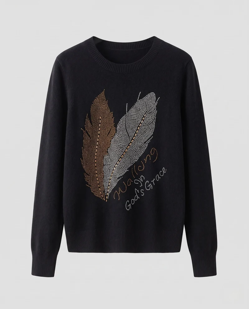 Damen Kaschmir‑Optik Feinstrickpullover mit Strass‑Federmotiv und Rundhalsausschnitt Nord Taschen