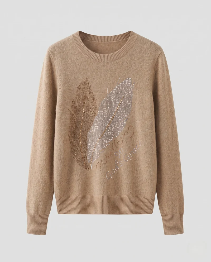 Damen Kaschmir‑Optik Feinstrickpullover mit Strass‑Federmotiv und Rundhalsausschnitt Nord Taschen