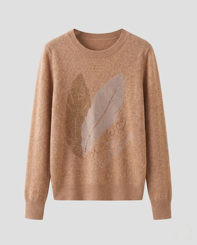 Damen Kaschmir‑Optik Feinstrickpullover mit Strass‑Federmotiv und Rundhalsausschnitt Nord Taschen