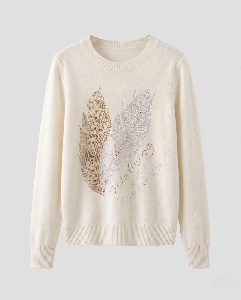 Damen Kaschmir‑Optik Feinstrickpullover mit Strass‑Federmotiv und Rundhalsausschnitt Nord Taschen