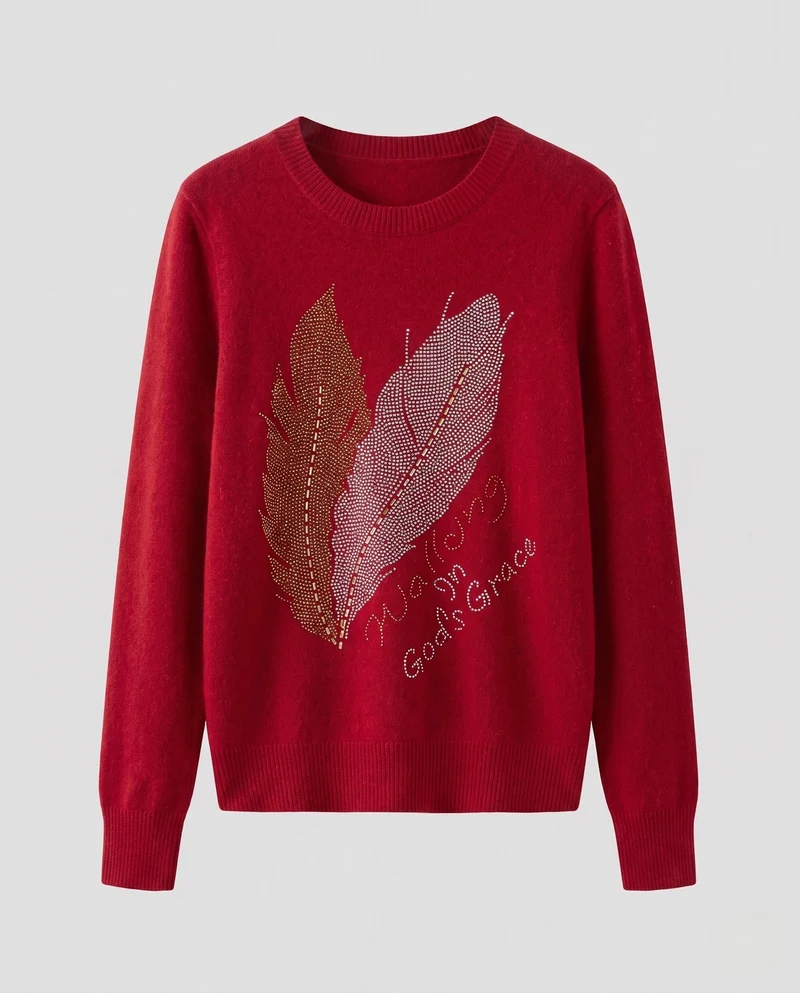 Damen Kaschmir‑Optik Feinstrickpullover mit Strass‑Federmotiv und Rundhalsausschnitt Nord Taschen