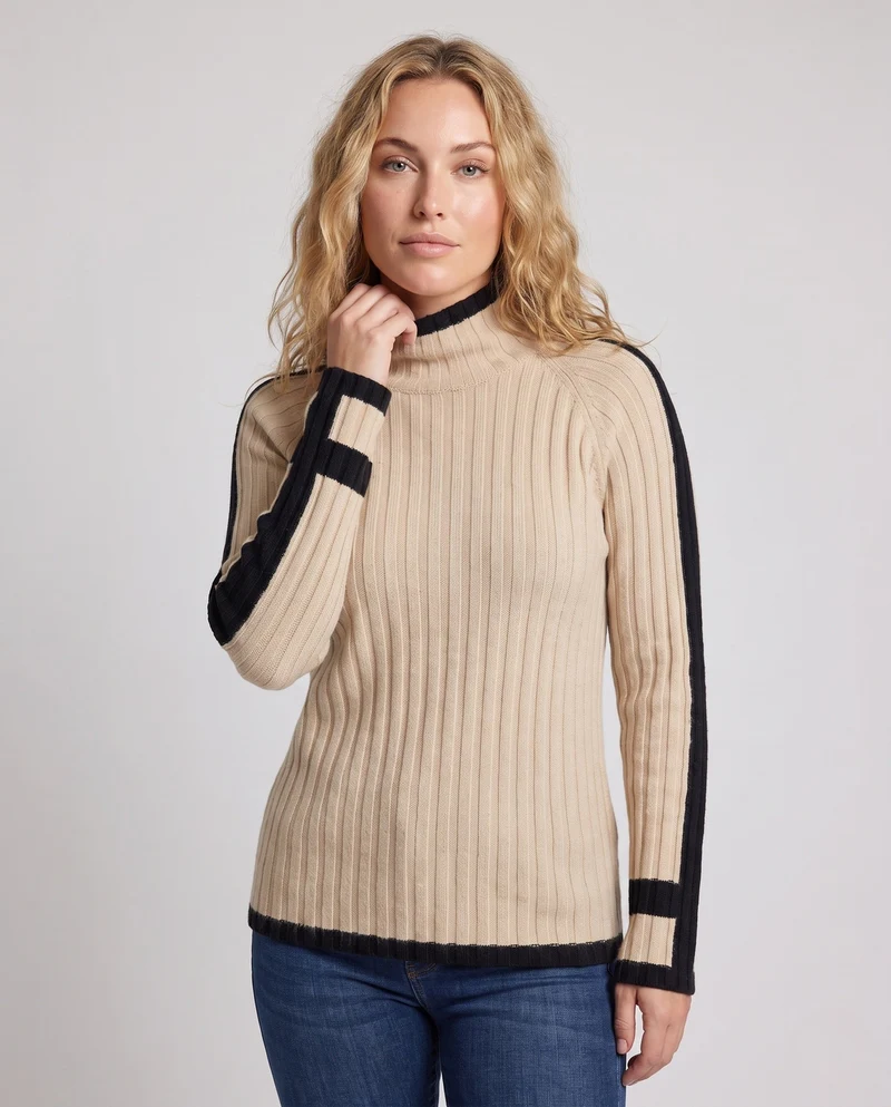Damen Kaschmir‑Look Rippenpullover mit Stehkragen, verlängerten Ärmelabschlüssen und Kontraststreifen Nord Taschen