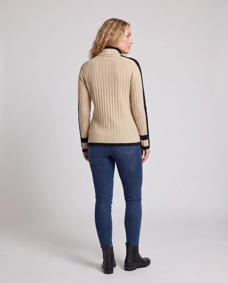Damen Kaschmir‑Look Rippenpullover mit Stehkragen, verlängerten Ärmelabschlüssen und Kontraststreifen Nord Taschen