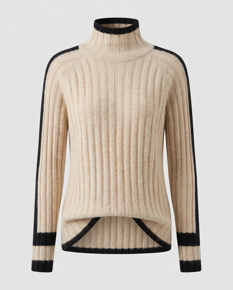 Damen Kaschmir‑Look Rippenpullover mit Stehkragen, verlängerten Ärmelabschlüssen und Kontraststreifen Nord Taschen