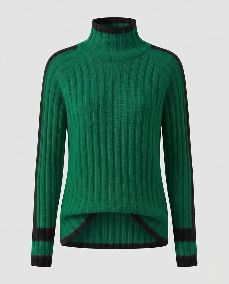 Damen Kaschmir‑Look Rippenpullover mit Stehkragen, verlängerten Ärmelabschlüssen und Kontraststreifen Nord Taschen
