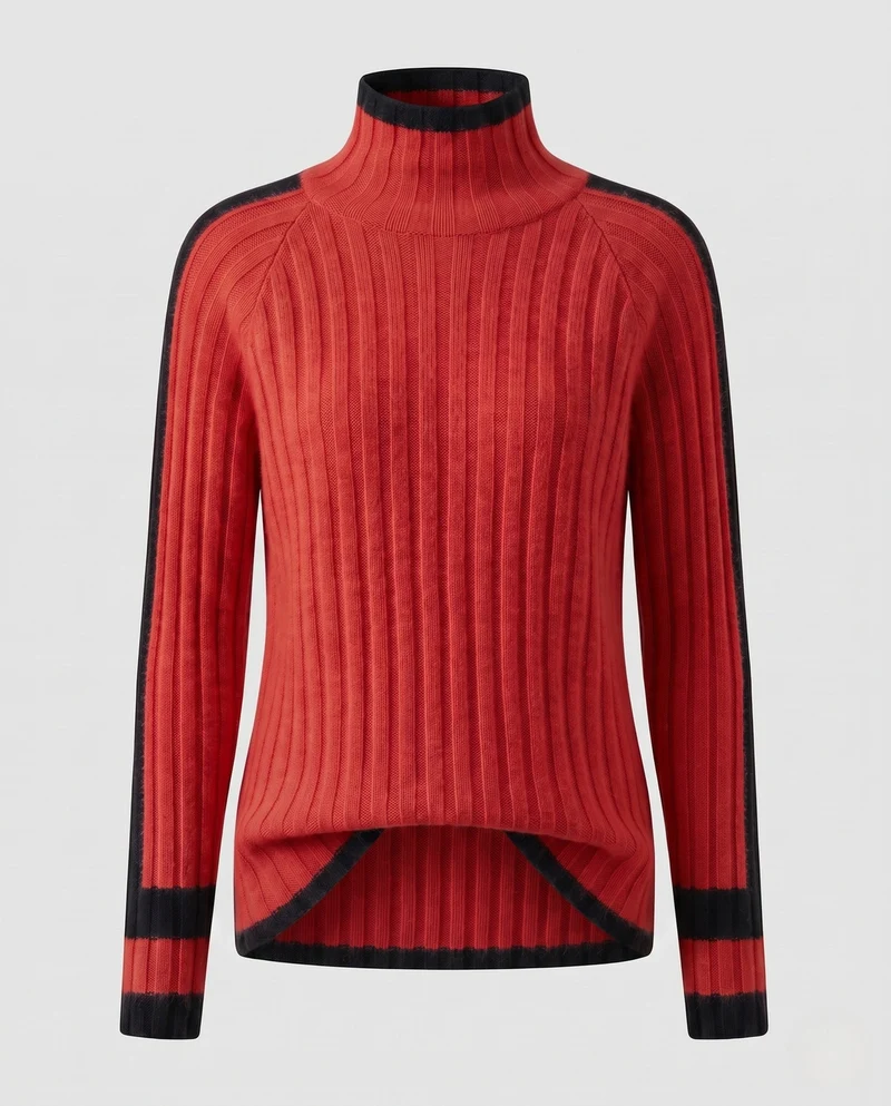 Damen Kaschmir‑Look Rippenpullover mit Stehkragen, verlängerten Ärmelabschlüssen und Kontraststreifen Nord Taschen