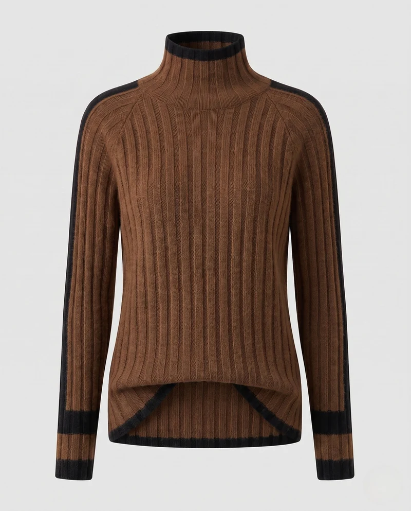 Damen Kaschmir‑Look Rippenpullover mit Stehkragen, verlängerten Ärmelabschlüssen und Kontraststreifen Nord Taschen