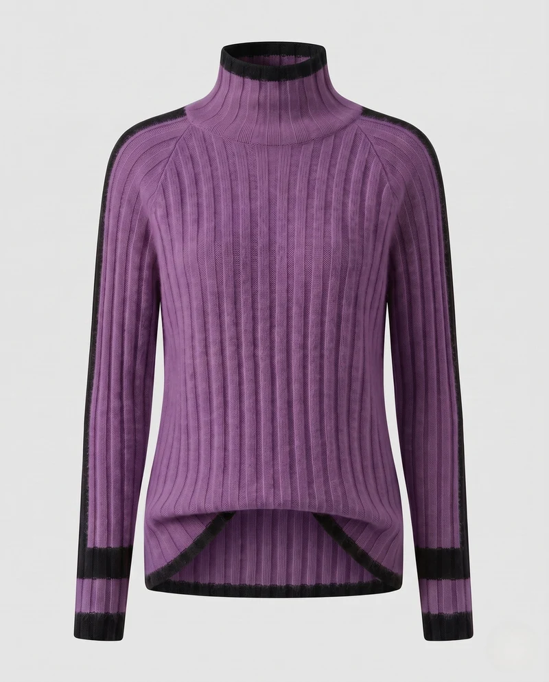 Damen Kaschmir‑Look Rippenpullover mit Stehkragen, verlängerten Ärmelabschlüssen und Kontraststreifen Nord Taschen