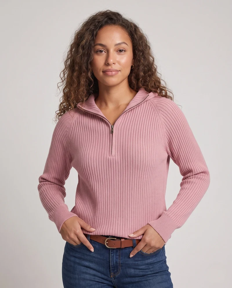 Damen Kaschmir-Optik Feinstrick-Pullover mit halbem Reißverschluss und feiner Rippenstruktur Nord Taschen