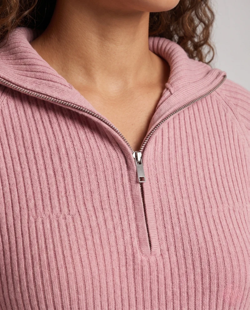 Damen Kaschmir-Optik Feinstrick-Pullover mit halbem Reißverschluss und feiner Rippenstruktur Nord Taschen