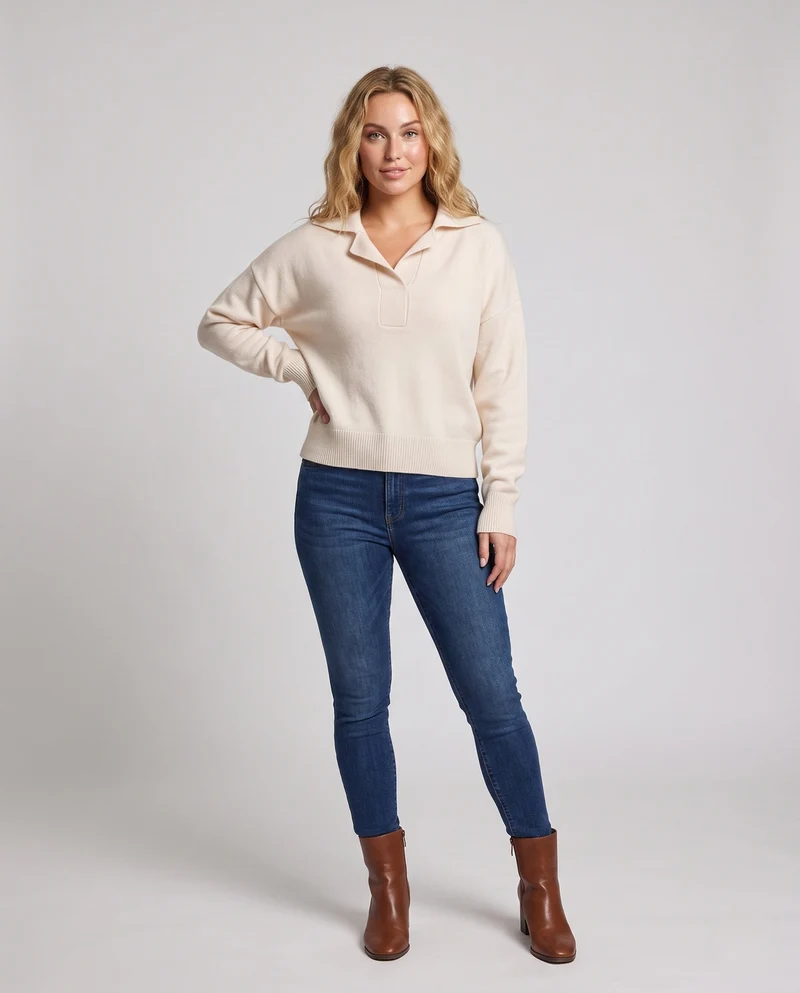 Damen Kaschmir‑Look Polo‑Feinstrickpullover mit offenem Reverskragen und kastiger Silhouette Nord Taschen