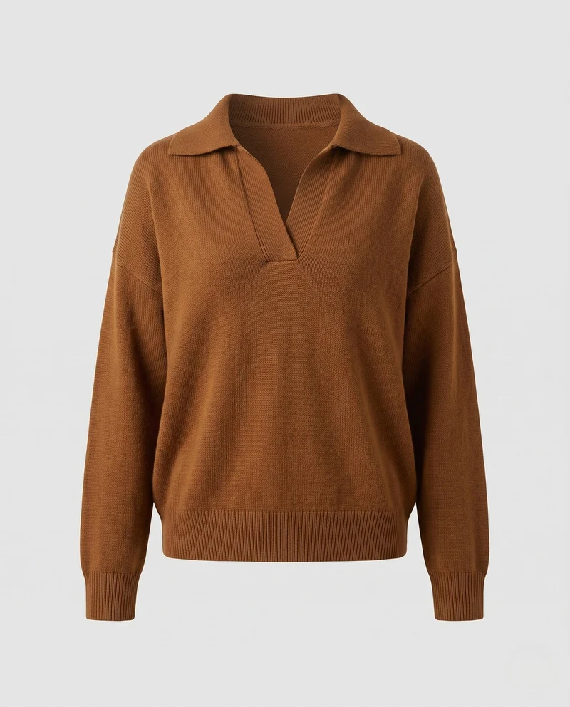 Damen Kaschmir‑Look Polo‑Feinstrickpullover mit offenem Reverskragen und kastiger Silhouette Nord Taschen