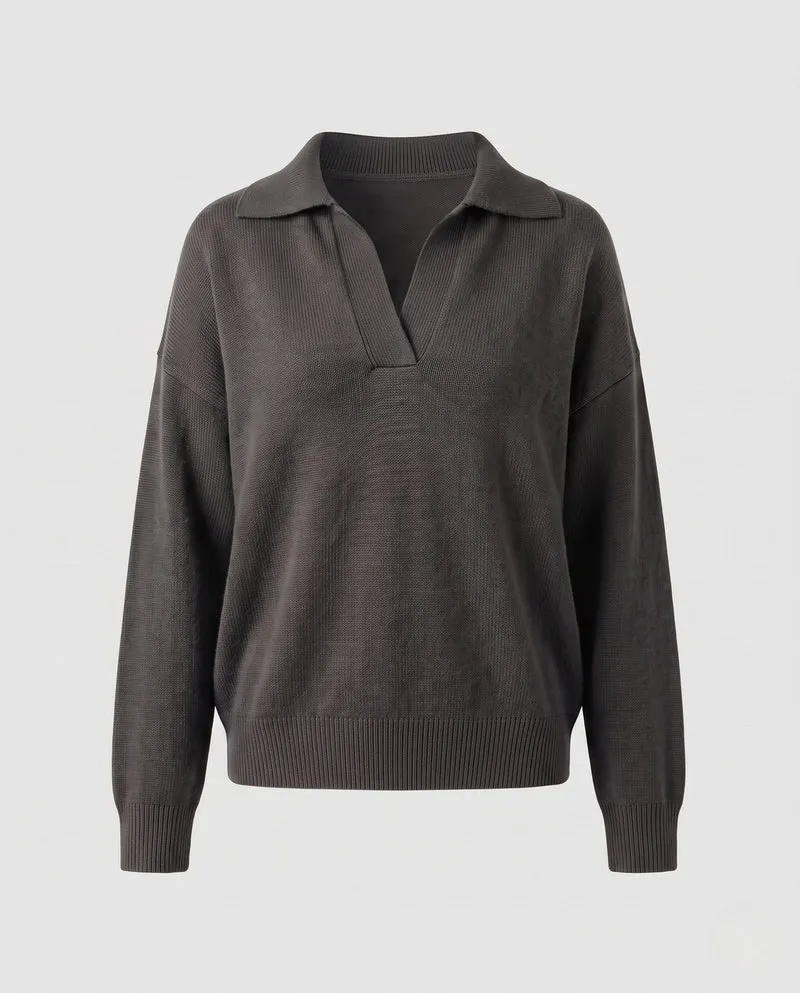 Damen Kaschmir‑Look Polo‑Feinstrickpullover mit offenem Reverskragen und kastiger Silhouette Nord Taschen