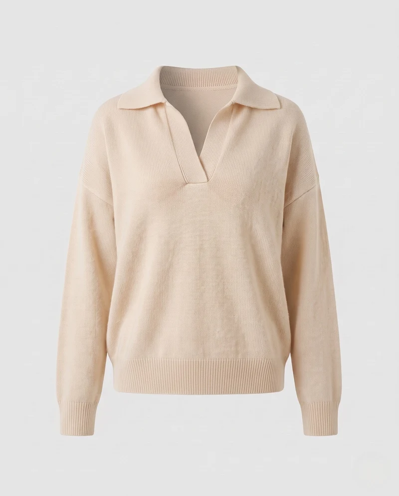 Damen Kaschmir‑Look Polo‑Feinstrickpullover mit offenem Reverskragen und kastiger Silhouette Nord Taschen