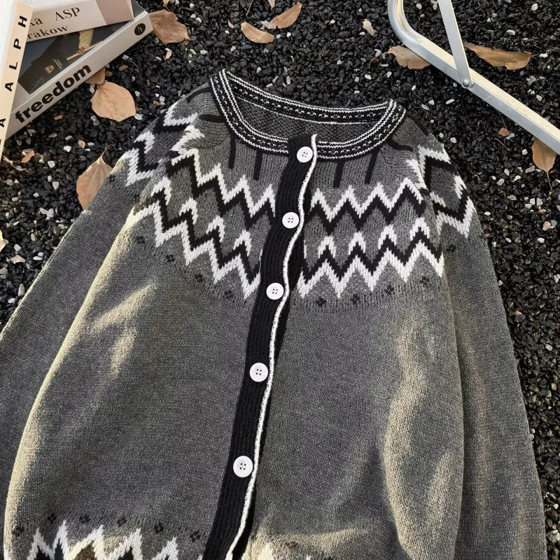 Damen Norweger-Cardigan im Oversize-Schnitt mit Rundhalsausschnitt und Kontrastknopfleiste Nord Taschen