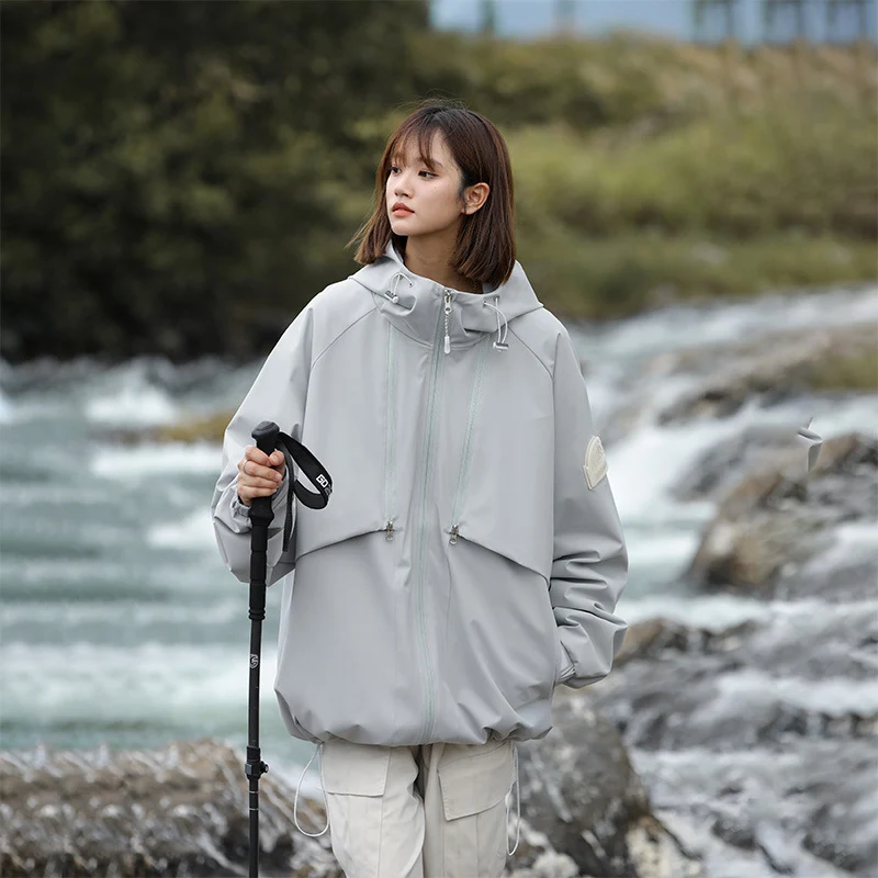 Damen Leichte Wasserabweisende Oversized Funktions-Outdoorjacke mit Kapuze Nord Taschen