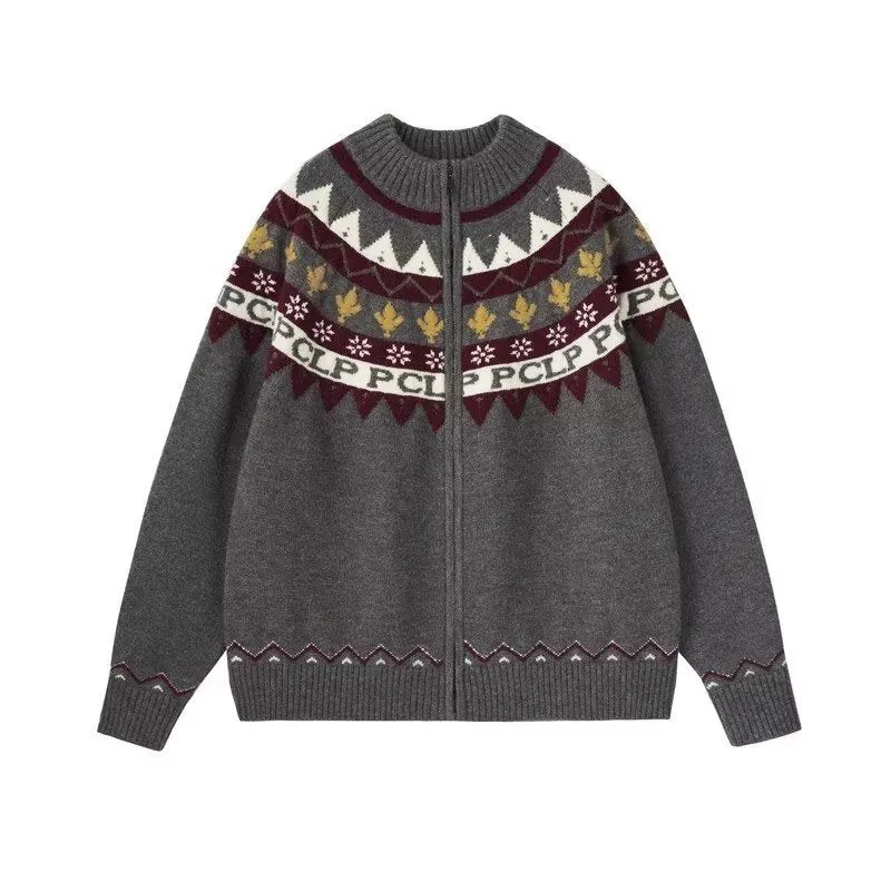 Damen Lässige Strick-Zipjacke mit Jacquard-Yoke und Rippbündchen Nord Taschen