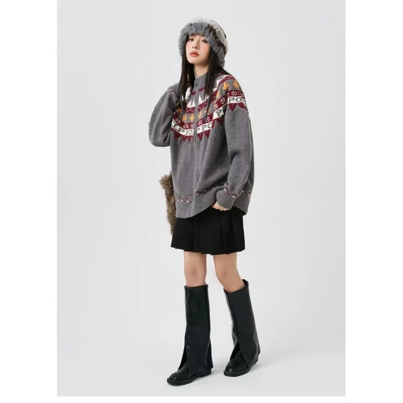 Damen Lässige Strick-Zipjacke mit Jacquard-Yoke und Rippbündchen Nord Taschen