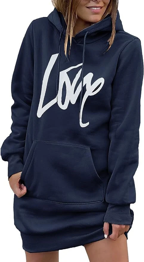 Damen Fleece-Kapuzenkleid mit Kängurutasche, Daumenlochärmeln und Oversize-Sweatshirt-Schnitt Nord Taschen