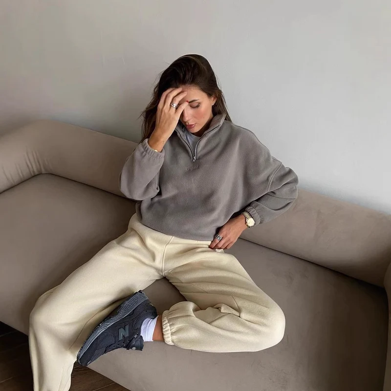 Damen Fleece-Halbzip-Sweatshirt oversized mit Stehkragen, Kängurutasche-Optik und elastischen Bündchen Nord Taschen
