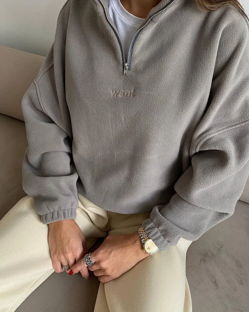 Damen Fleece-Halbzip-Sweatshirt oversized mit Stehkragen, Kängurutasche-Optik und elastischen Bündchen Nord Taschen