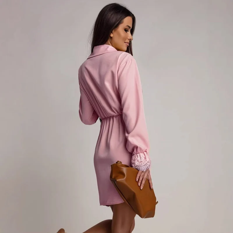 Damen Figurbetontes Wickel-Minikleid mit Spitzenbesatz und Hemdkragen Nord Taschen