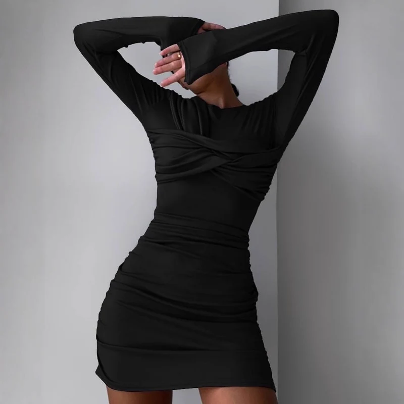 Damen Figurbetontes drapiertes Minikleid mit langen Ärmeln Nord Taschen