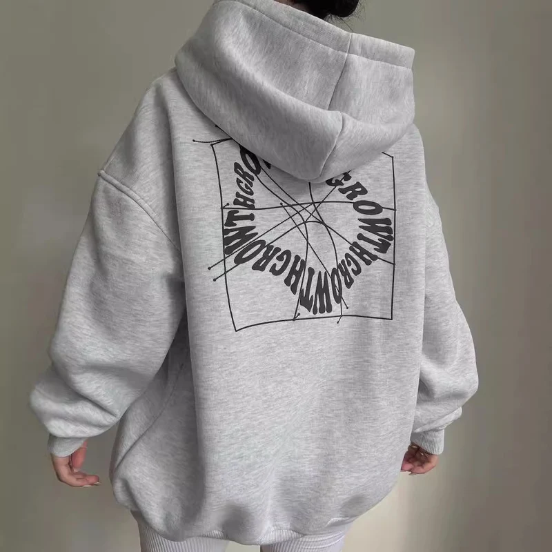 Damen Oversized Kapuzenpullover mit abstraktem Rückenprint und gerippten Bündchen Nord Taschen