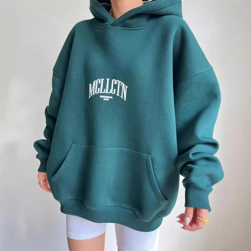 Damen Oversized Kapuzenpullover mit abstraktem Rückenprint und gerippten Bündchen Nord Taschen