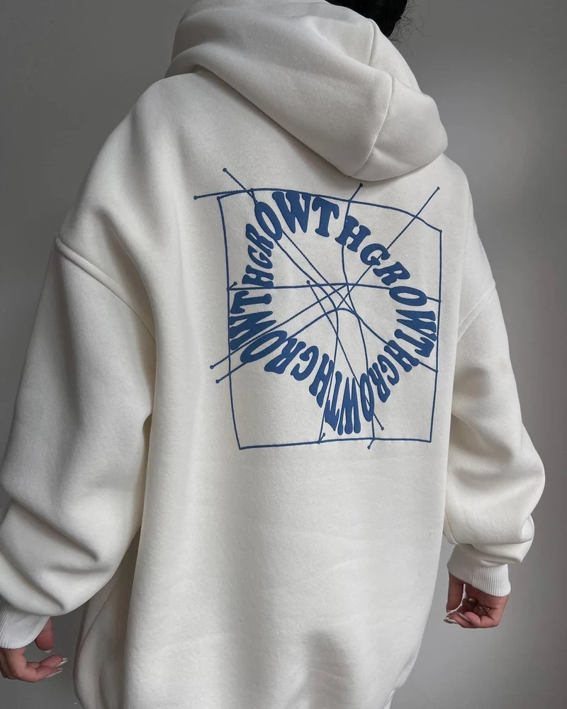 Damen Oversized Kapuzenpullover mit abstraktem Rückenprint und gerippten Bündchen Nord Taschen