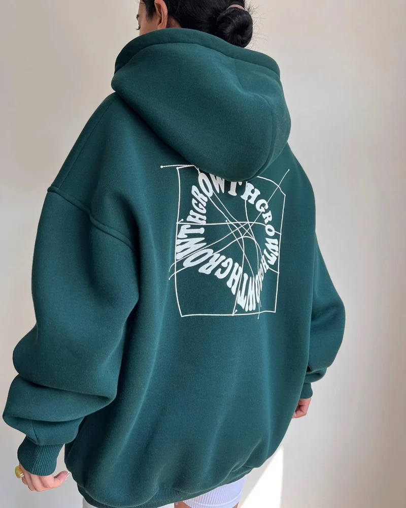 Damen Oversized Kapuzenpullover mit abstraktem Rückenprint und gerippten Bündchen Nord Taschen