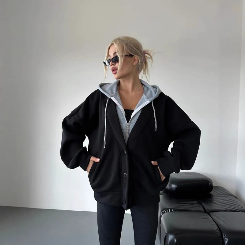 Damen Oversized Kapuzenjacke mit Druckknopfverschluss und Eingrifftaschen Nord Taschen
