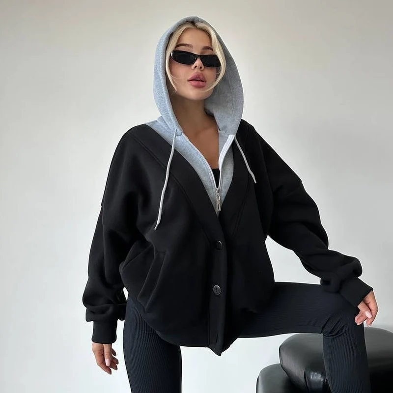 Damen Oversized Kapuzenjacke mit Druckknopfverschluss und Eingrifftaschen Nord Taschen