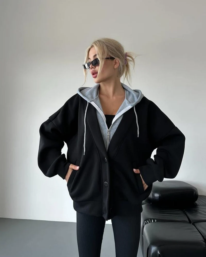 Damen Oversized Kapuzenjacke mit Druckknopfverschluss und Eingrifftaschen Nord Taschen