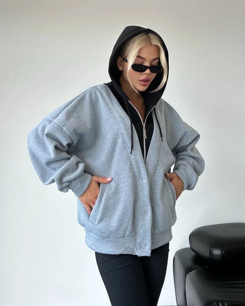 Damen Oversized Kapuzenjacke mit Druckknopfverschluss und Eingrifftaschen Nord Taschen