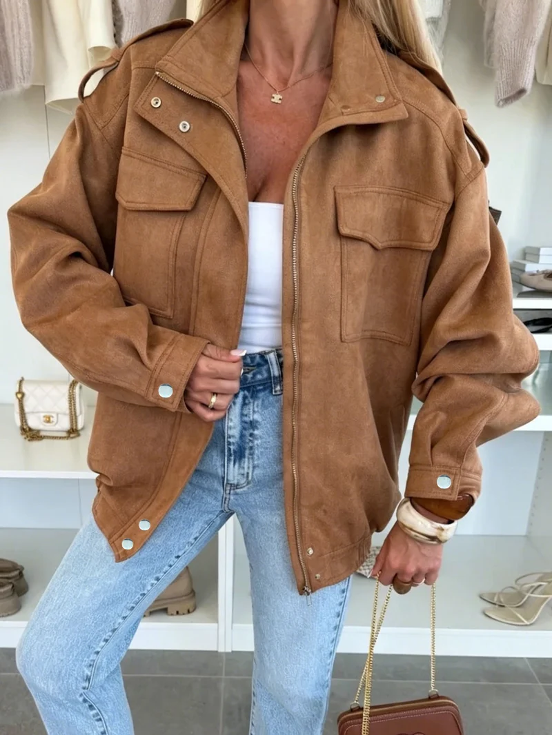 Damen Oversized Jacke in Wildleder-Optik mit Brusttaschen und Epauletten Nord Taschen