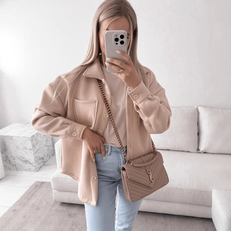 Damen Oversized Hemdjacke Shacket aus weichem Wollmix mit aufgesetzten Brusttaschen Nord Taschen