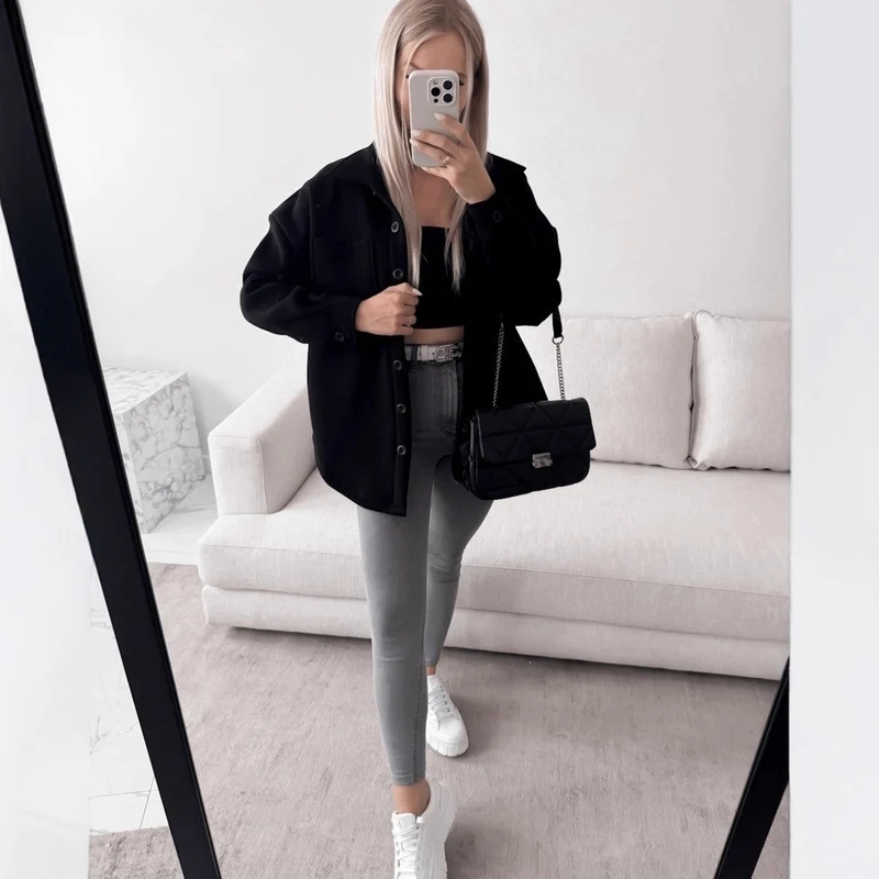 Damen Oversized Hemdjacke Shacket aus weichem Wollmix mit aufgesetzten Brusttaschen Nord Taschen