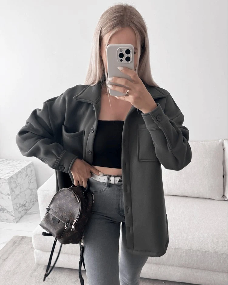 Damen Oversized Hemdjacke Shacket aus weichem Wollmix mit aufgesetzten Brusttaschen Nord Taschen