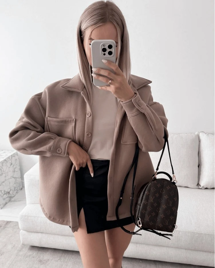 Damen Oversized Hemdjacke Shacket aus weichem Wollmix mit aufgesetzten Brusttaschen Nord Taschen