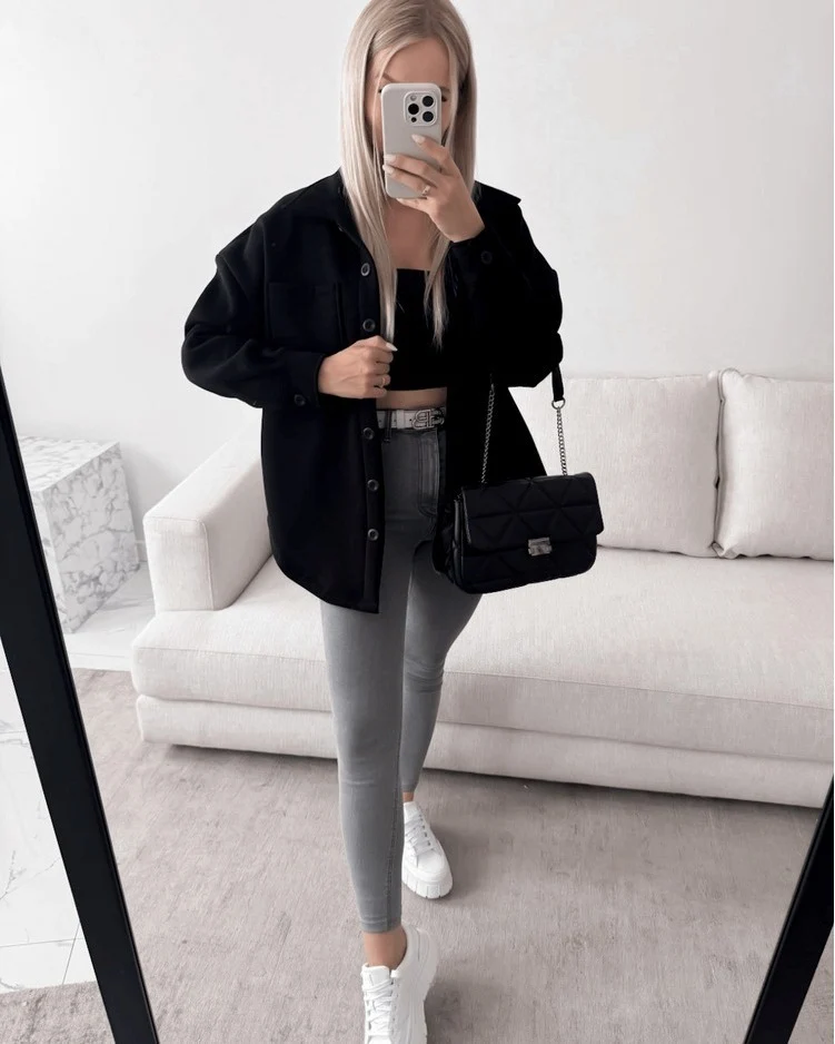 Damen Oversized Hemdjacke Shacket aus weichem Wollmix mit aufgesetzten Brusttaschen Nord Taschen